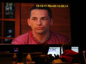 Broderick Fox on the big screen at the final sound mix of THE SKIN I'M IN