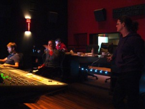 Rerecording engineer Wade Chamberlain, composer Ronit Kirchman, sound designer Scott Johnson, and executive producer Lee Biolos at the final mix session for THE SKIN I'M IN